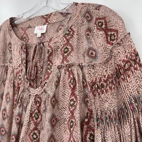 Parker 100% Silk Pleated Balloon Sleeve Peasant Blouse Women's XS Snakeskin‎ - Picture 3 of 10